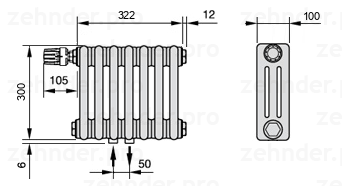 Схема (чертеж) Радиатор Zehnder Charleston 3030/7 №V007 Белый глянцевый RAL 9016
